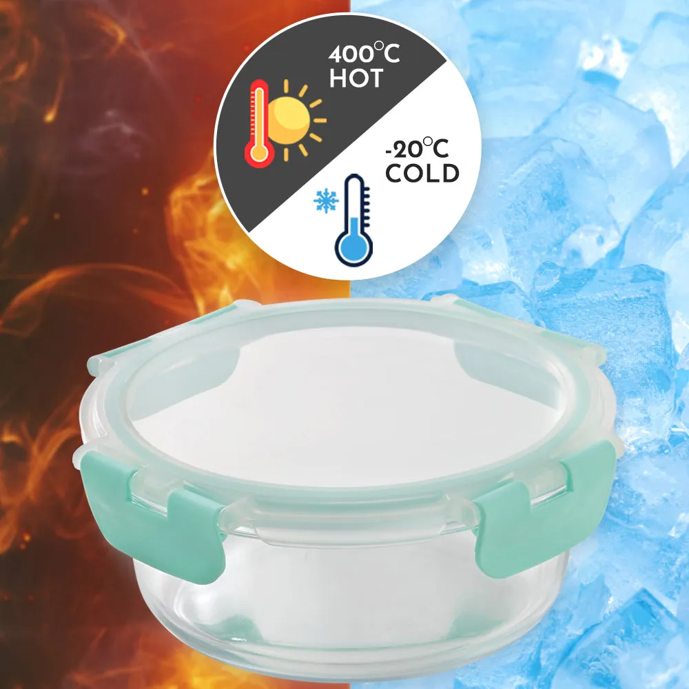 Magnus Glock Glass Food Round Container with Break-Free Detachable Lock, 620ML Borosilicate Glass, Oven & Microwave Safe Lunch Box, Kitchen Essentials for Office Men | Green