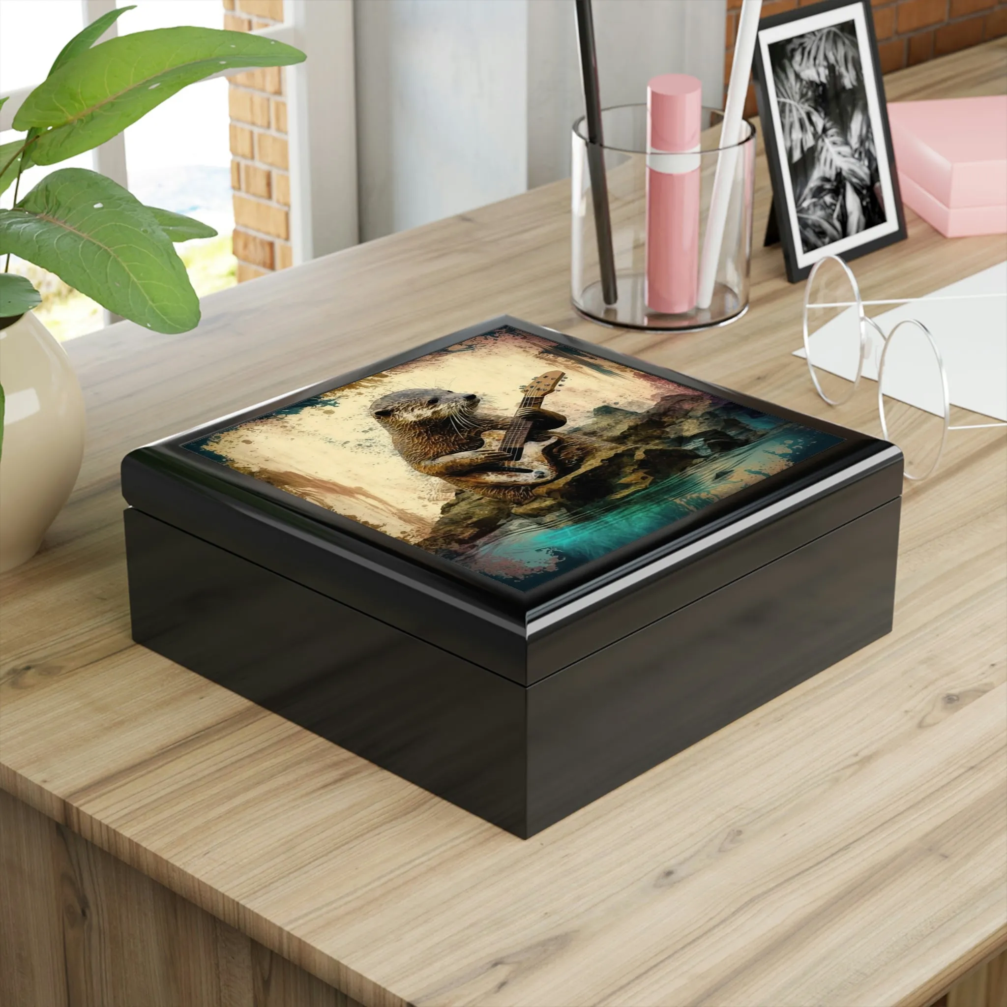 Otter Playing the Guitar Wood Keepsake Jewelry Box with Ceramic Tile Cover