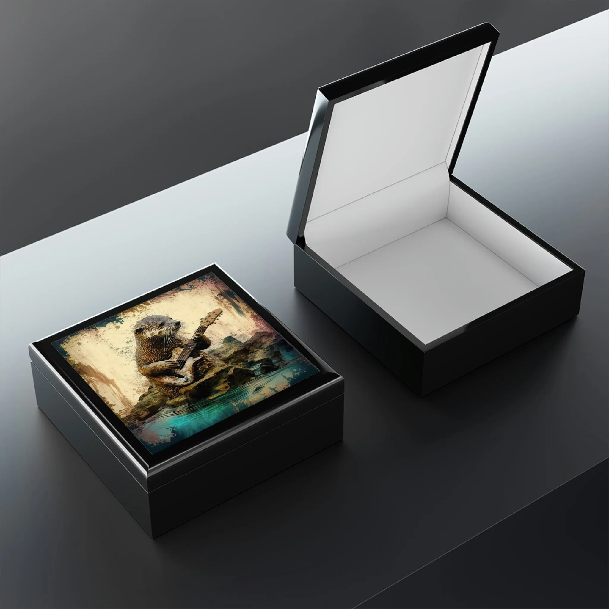 Otter Playing the Guitar Wood Keepsake Jewelry Box with Ceramic Tile Cover