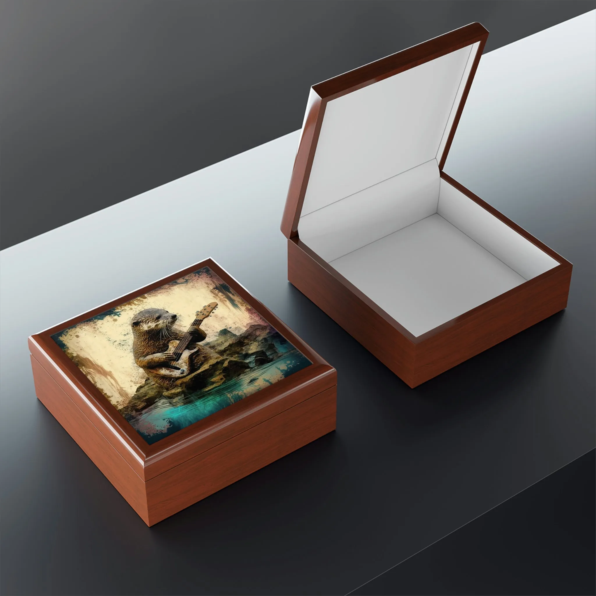 Otter Playing the Guitar Wood Keepsake Jewelry Box with Ceramic Tile Cover