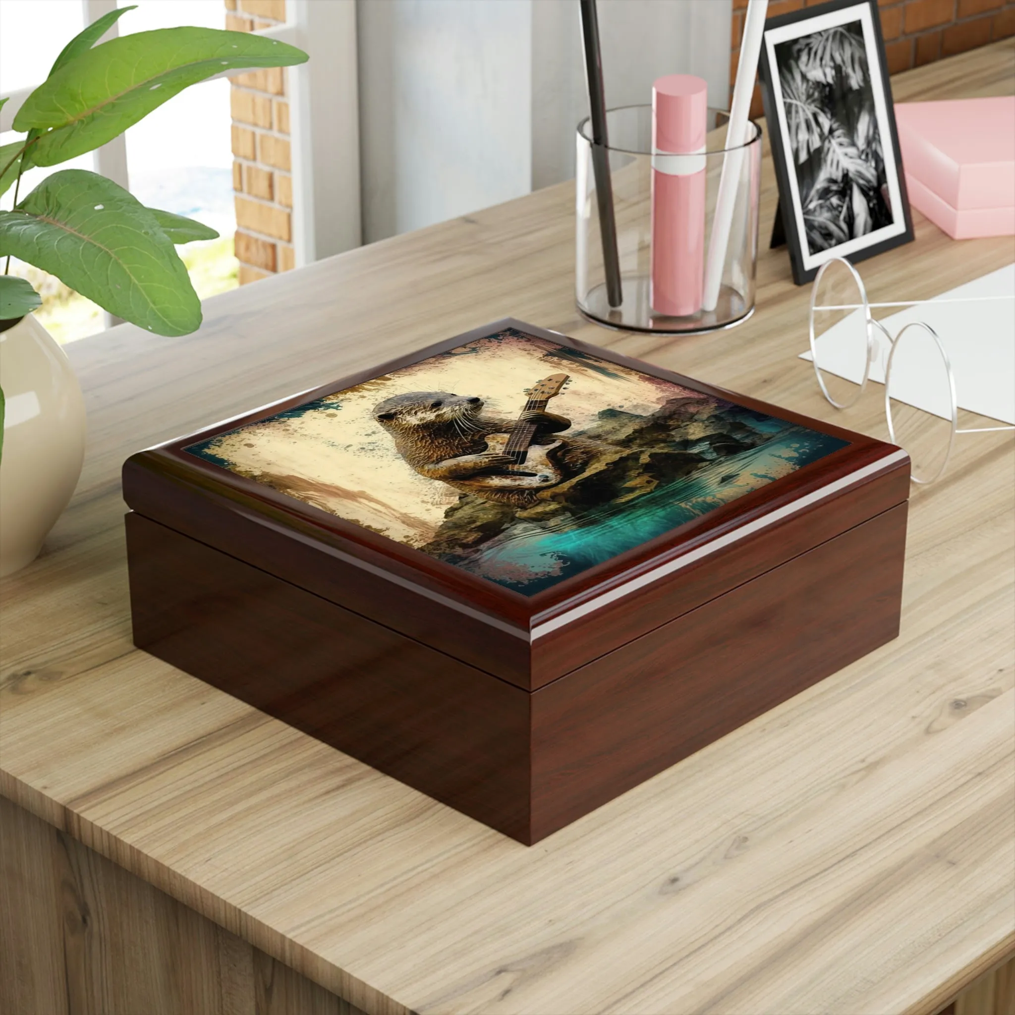 Otter Playing the Guitar Wood Keepsake Jewelry Box with Ceramic Tile Cover