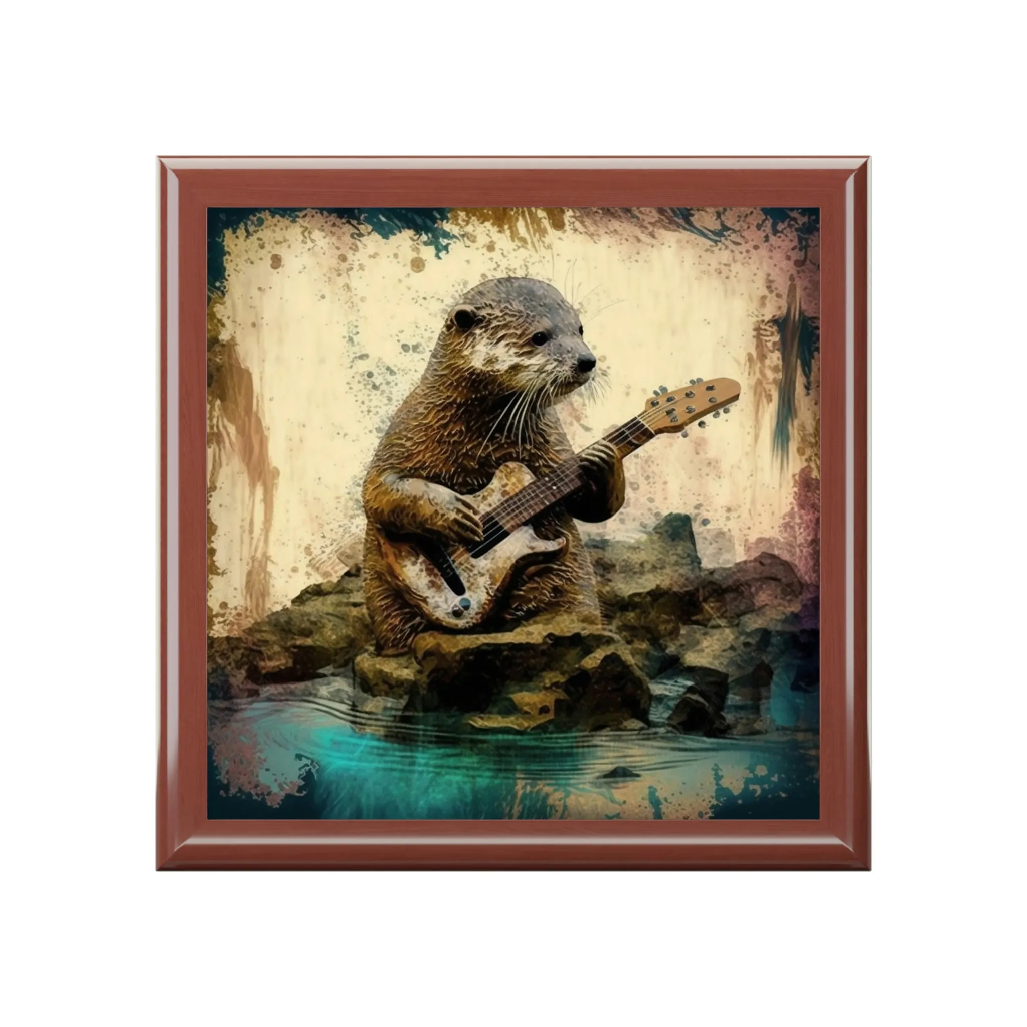 Otter Playing the Guitar Wood Keepsake Jewelry Box with Ceramic Tile Cover