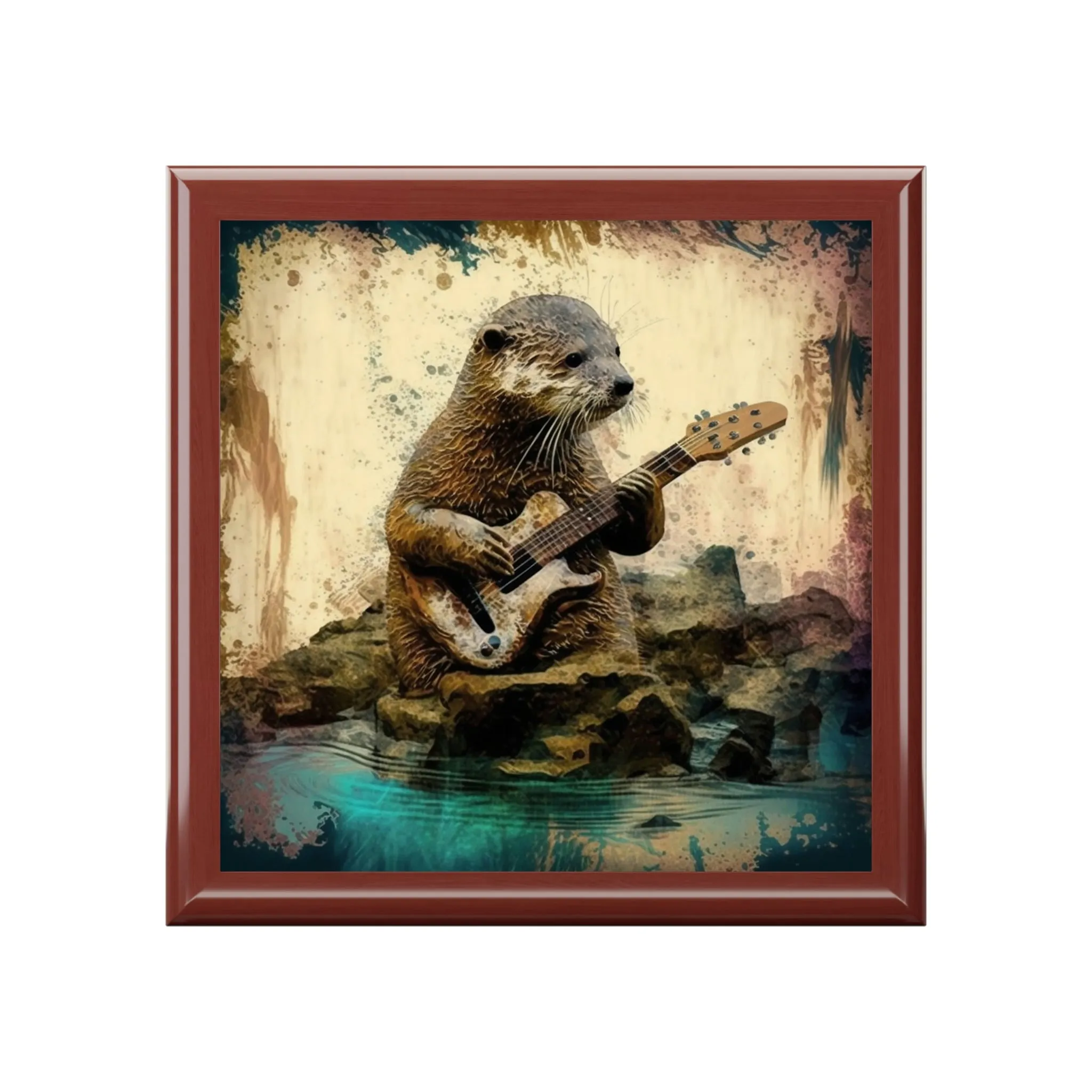 Otter Playing the Guitar Wood Keepsake Jewelry Box with Ceramic Tile Cover