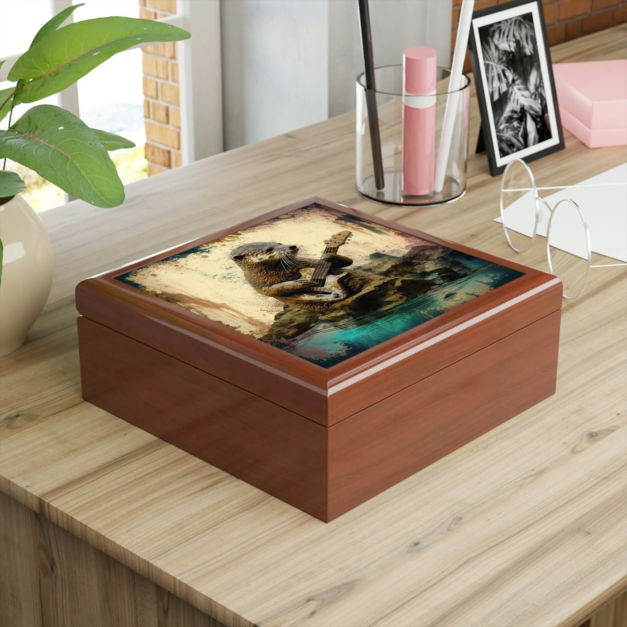 Otter Playing the Guitar Wood Keepsake Jewelry Box with Ceramic Tile Cover
