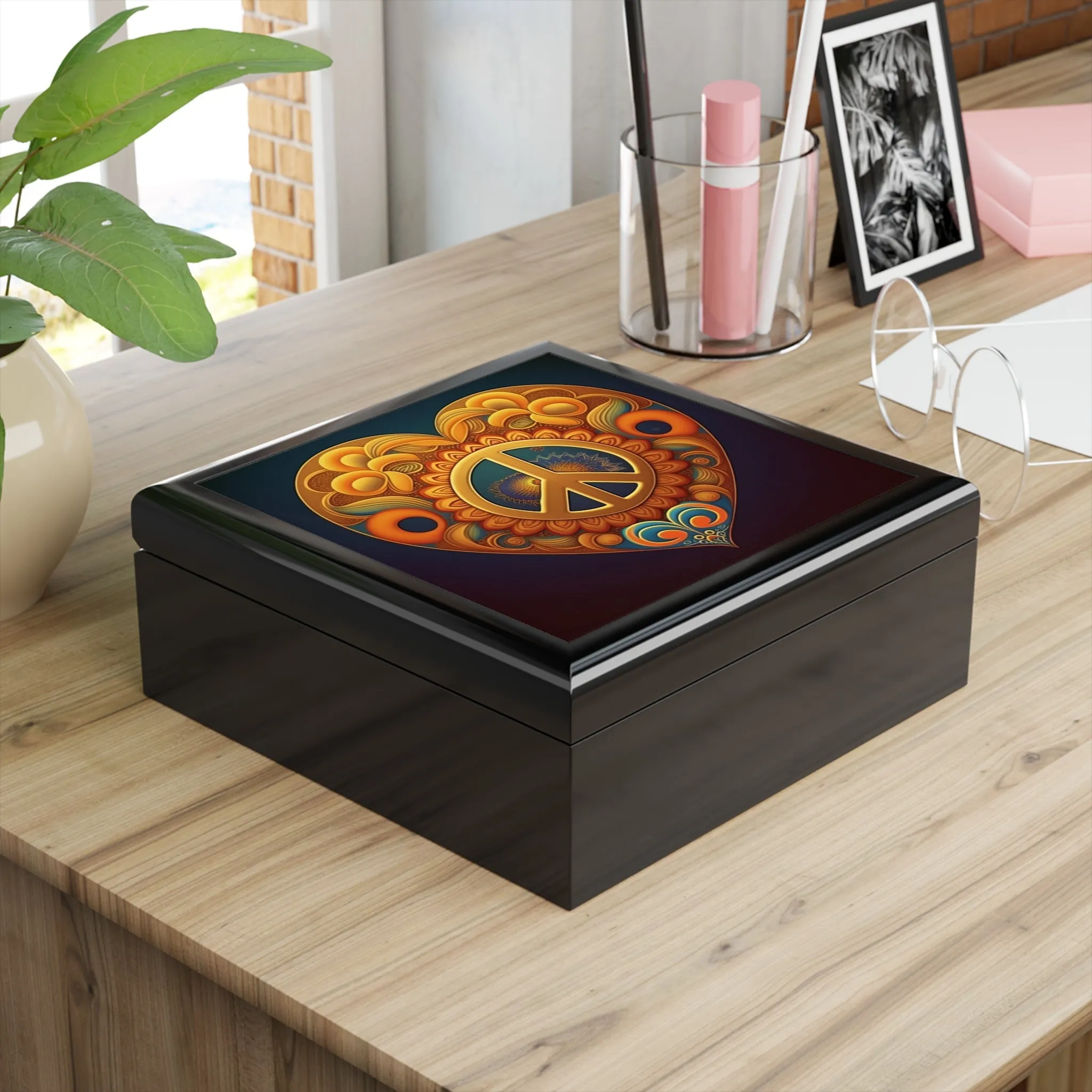Peace Sign Heart Wood Keepsake Jewelry Box with Ceramic Tile Cover