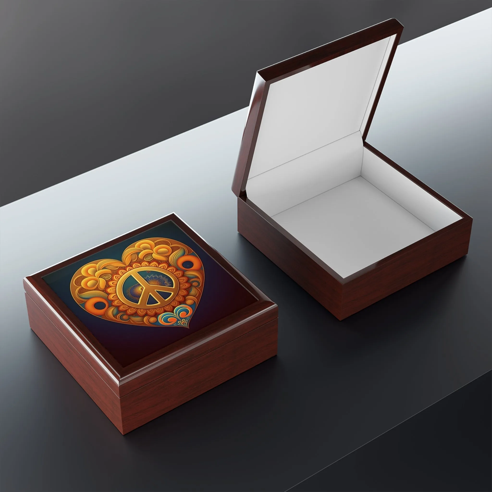 Peace Sign Heart Wood Keepsake Jewelry Box with Ceramic Tile Cover