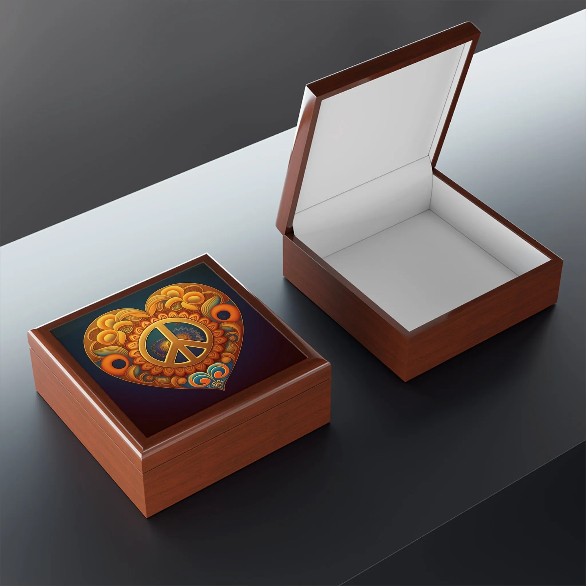 Peace Sign Heart Wood Keepsake Jewelry Box with Ceramic Tile Cover