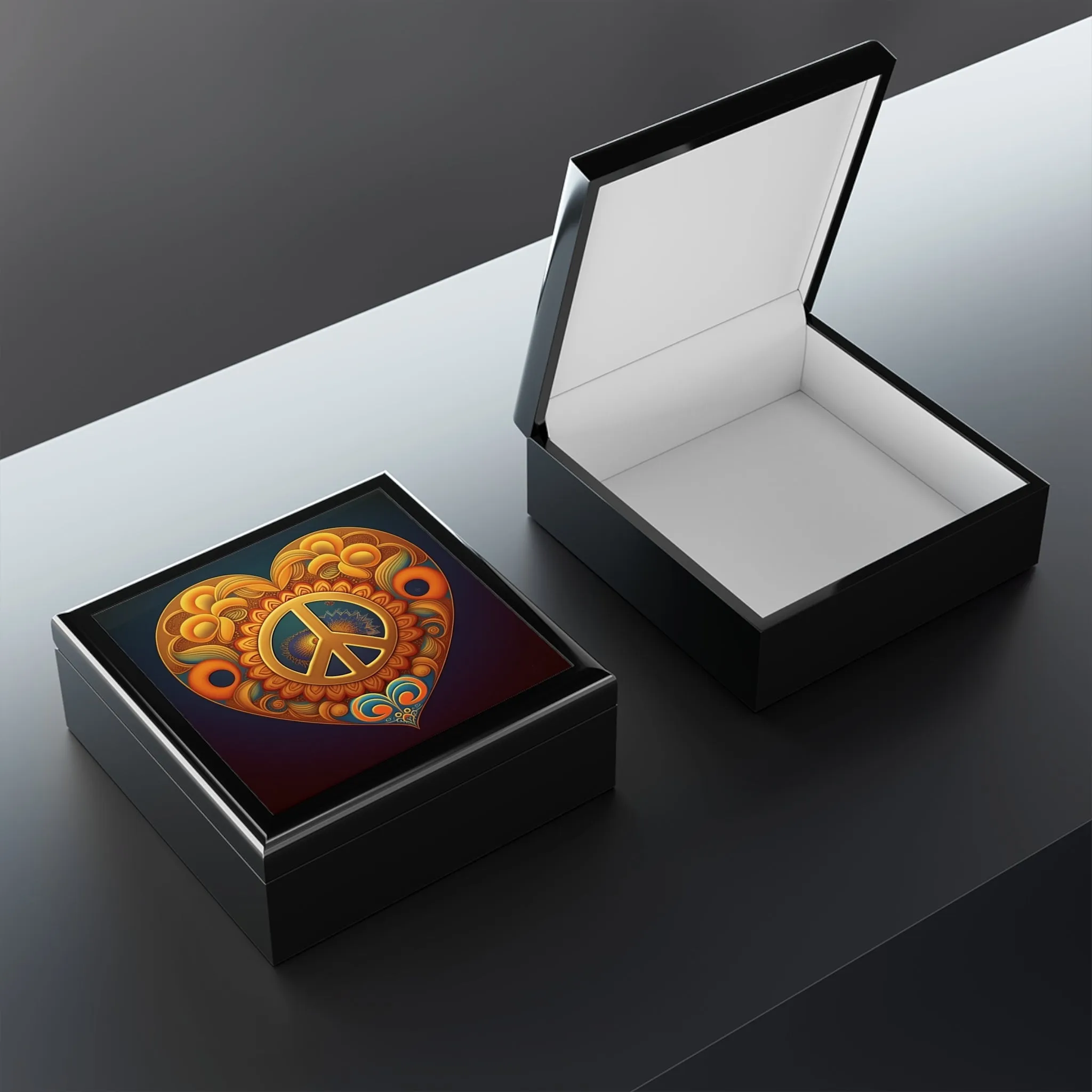Peace Sign Heart Wood Keepsake Jewelry Box with Ceramic Tile Cover
