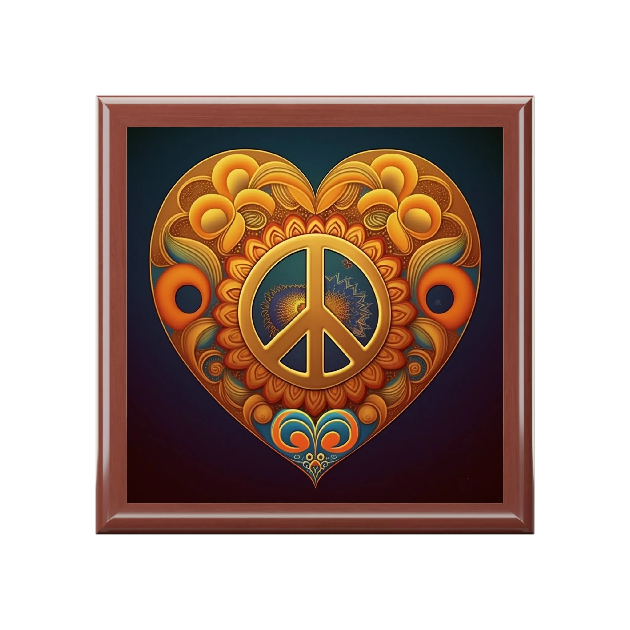 Peace Sign Heart Wood Keepsake Jewelry Box with Ceramic Tile Cover