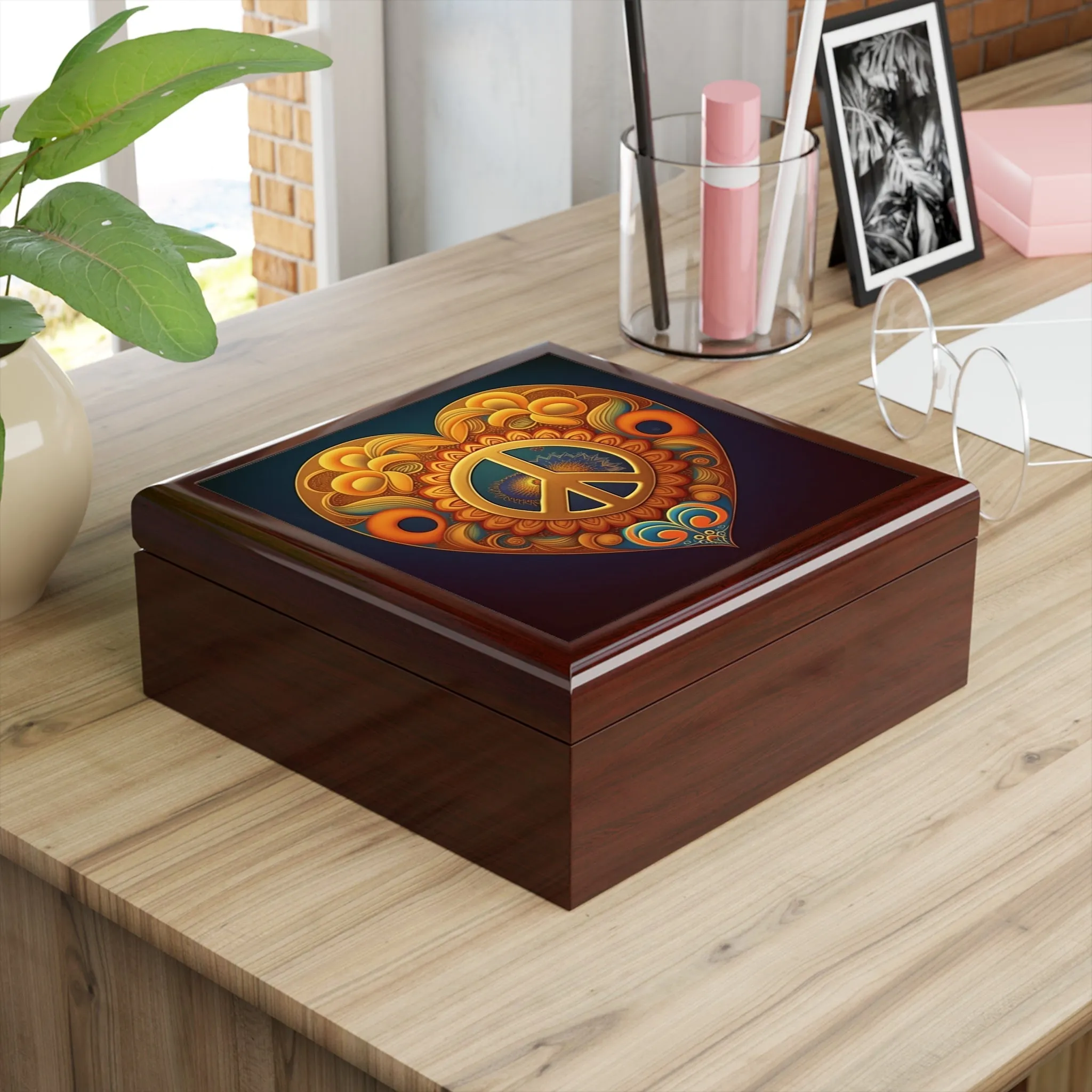 Peace Sign Heart Wood Keepsake Jewelry Box with Ceramic Tile Cover
