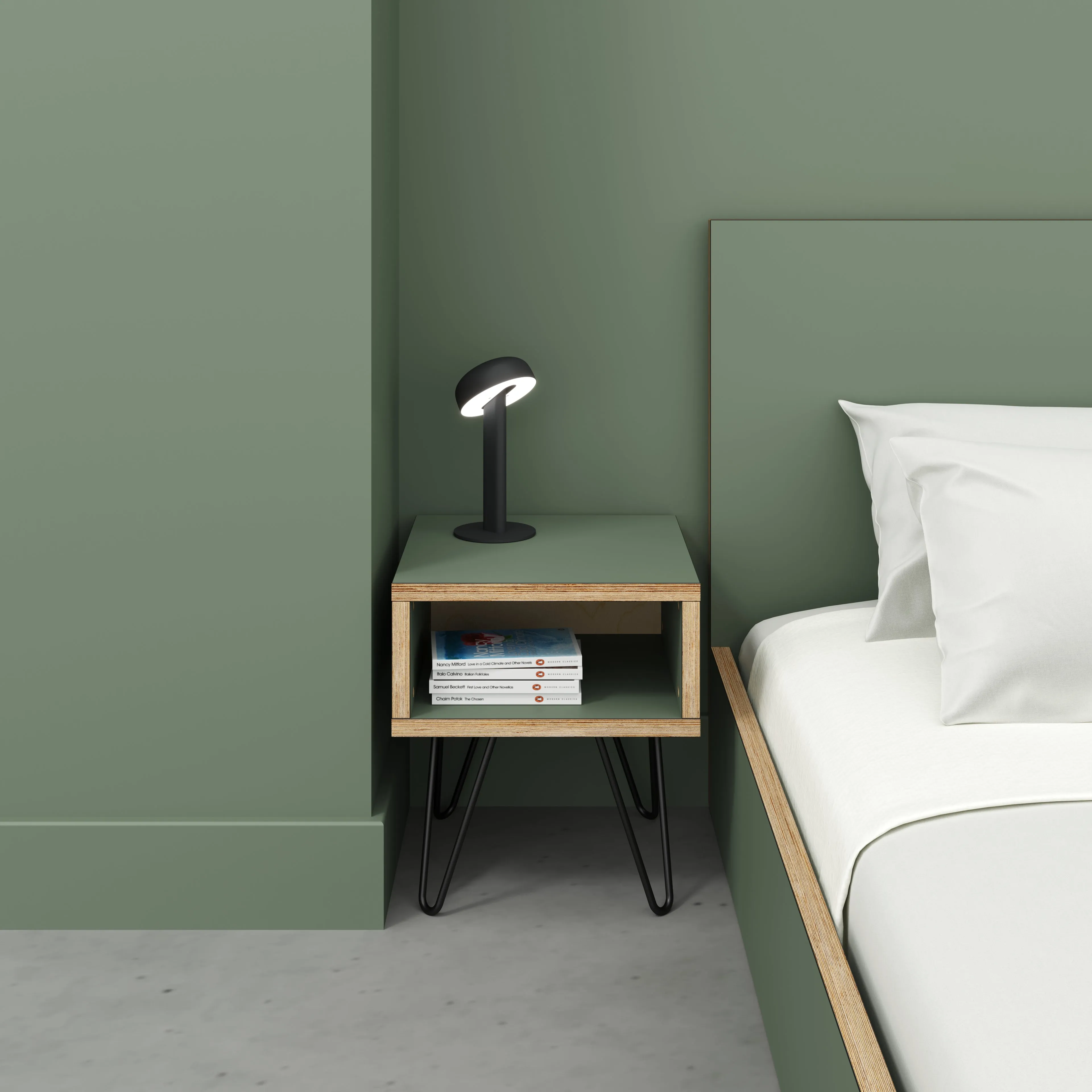 Plywood Bedside Table with Box Storage and Black Hairpin Legs - Formica Green Slate - 400(w) x 400(d) x 450(h)
