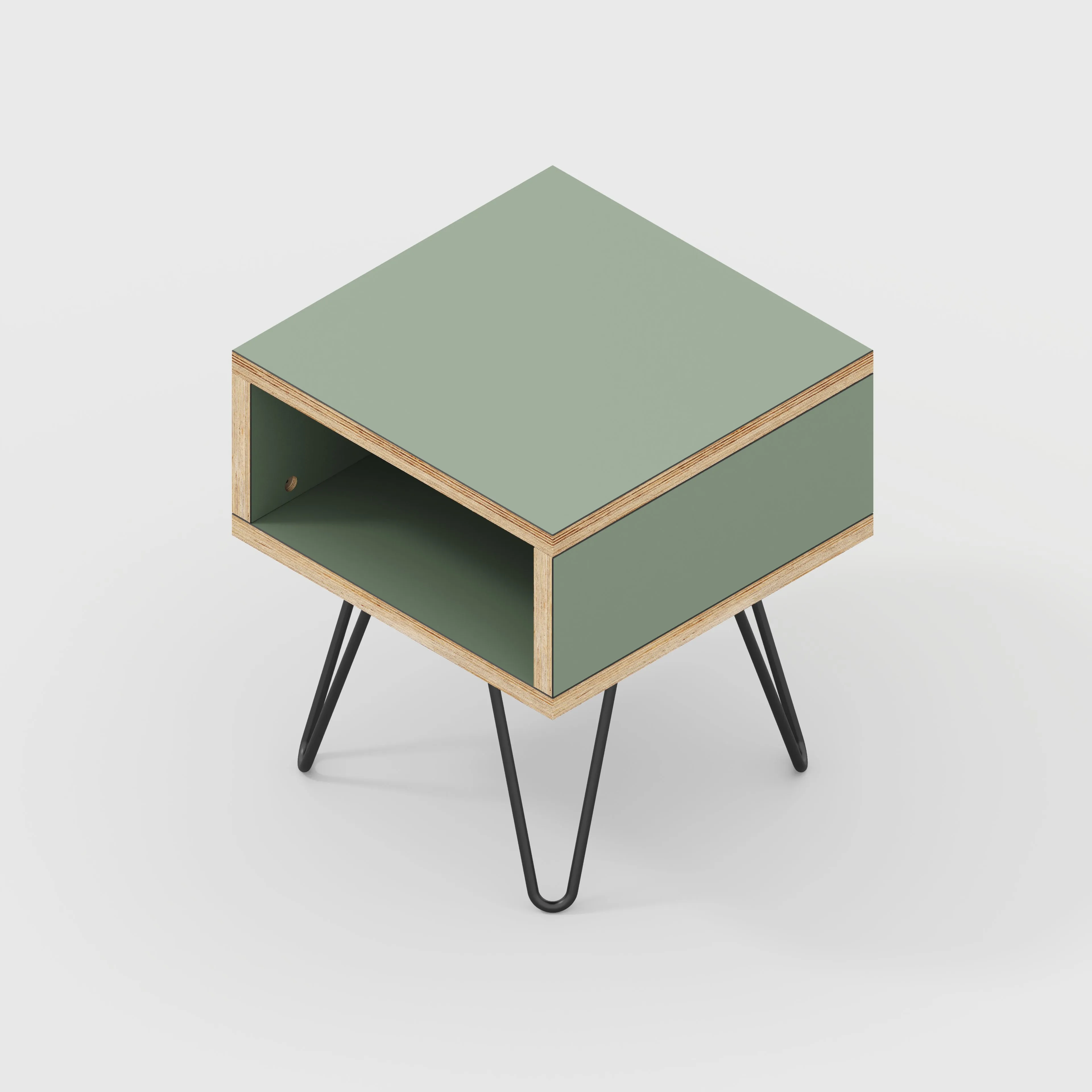 Plywood Bedside Table with Box Storage and Black Hairpin Legs - Formica Green Slate - 400(w) x 400(d) x 450(h)