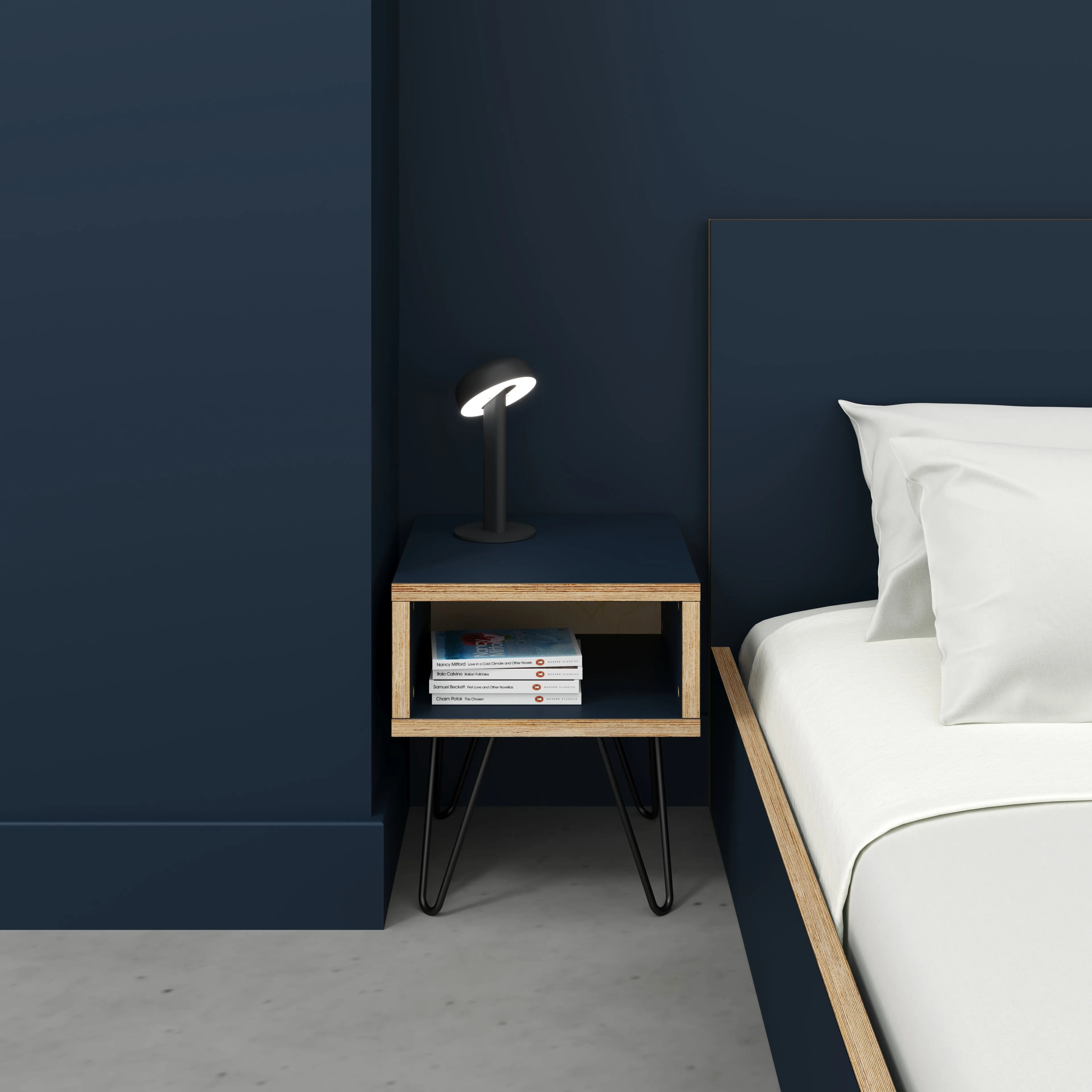 Plywood Bedside Table with Box Storage and Black Hairpin Legs - Formica Night Sea Blue - 400(w) x 400(d) x 450(h)