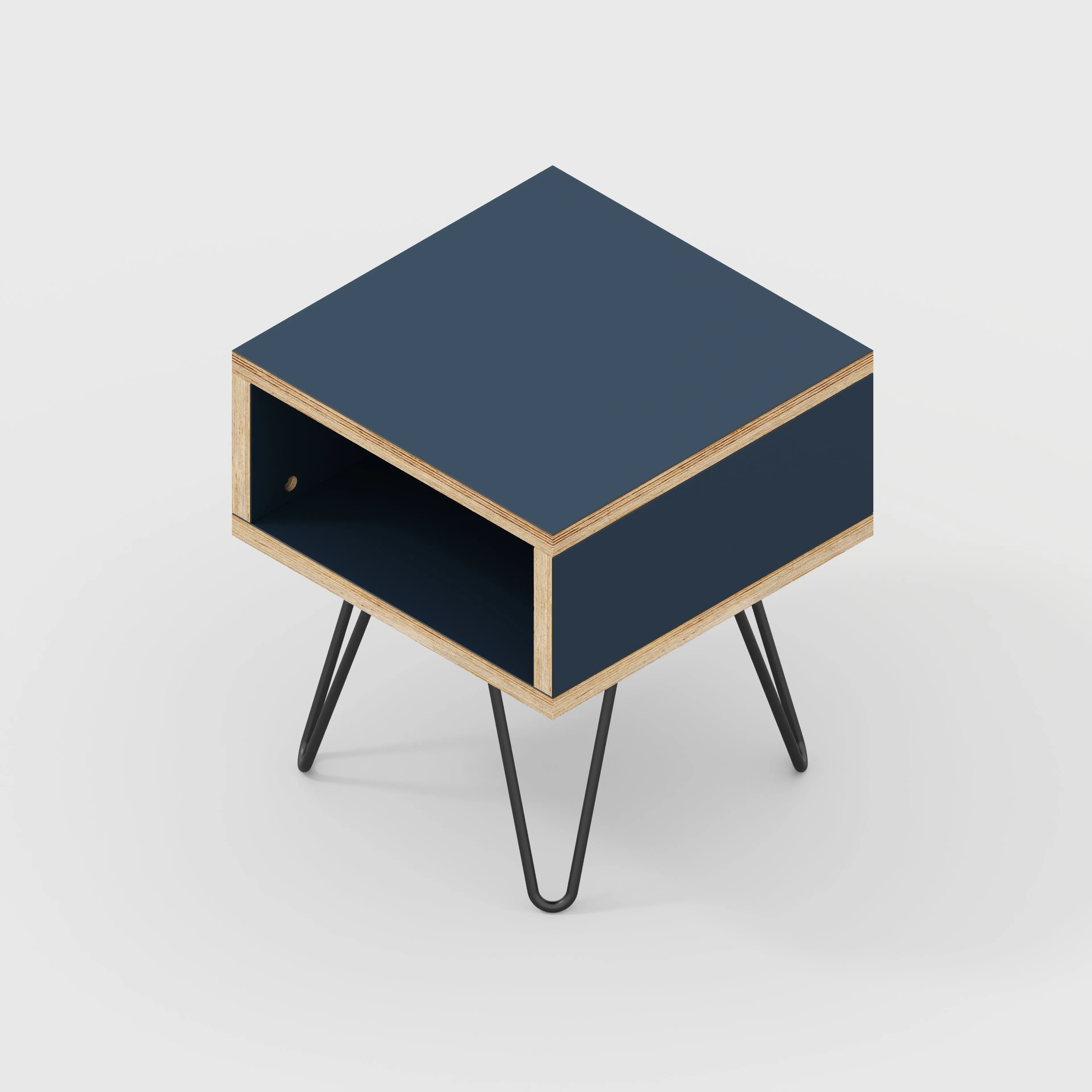 Plywood Bedside Table with Box Storage and Black Hairpin Legs - Formica Night Sea Blue - 400(w) x 400(d) x 450(h)
