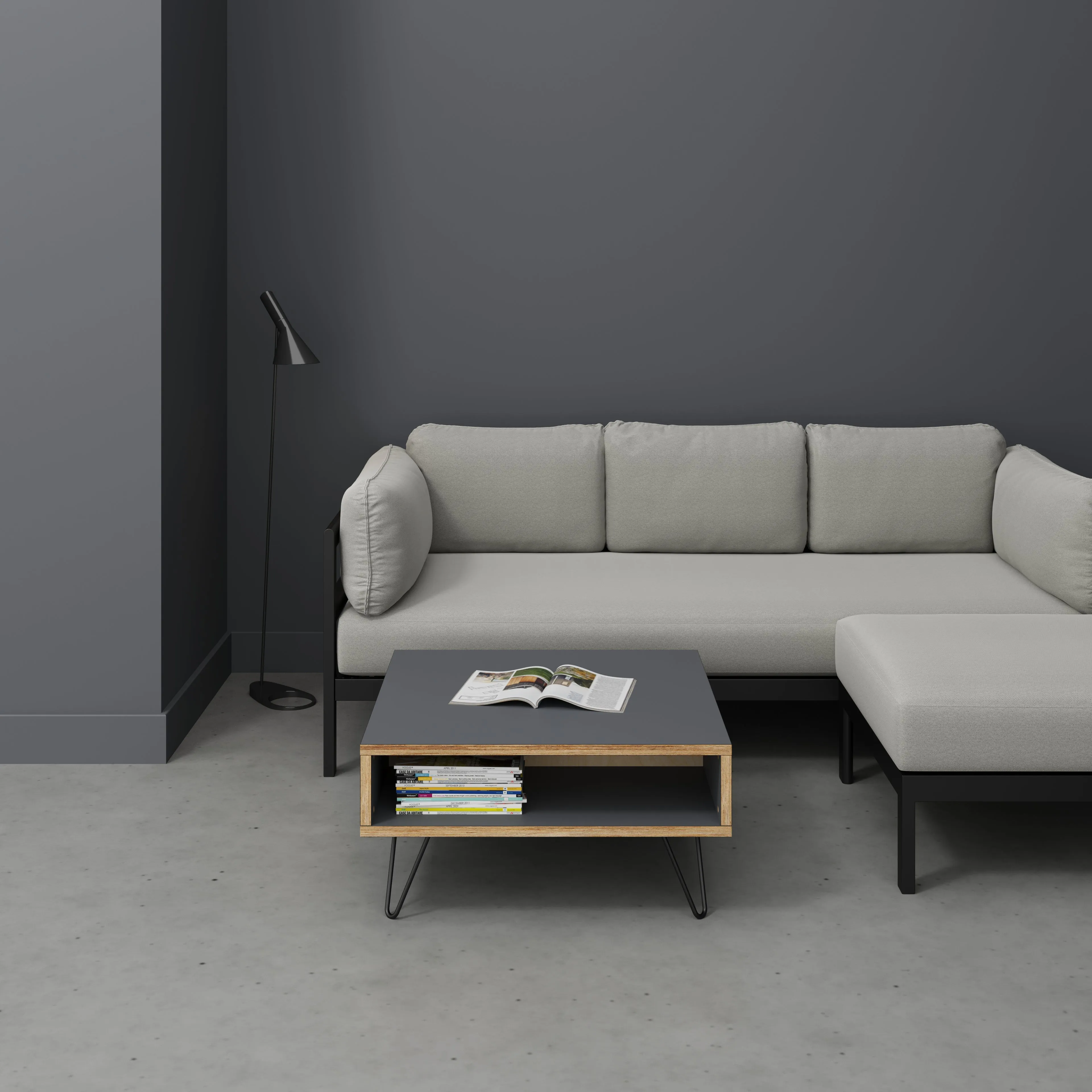 Plywood Coffee Table with Box Storage and Black Hairpin Legs - Formica Tornado Grey - 800(w) x 800(d) x 400(h)