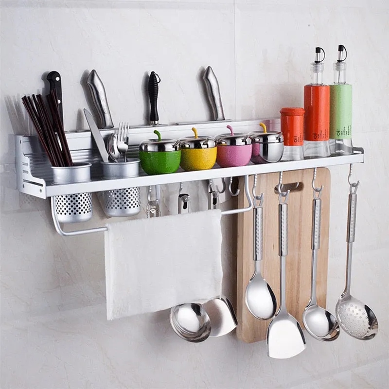 Space Saving Wall Mounted Rack Multifunctional Kitchen Bookshelf Storage Rack with Bottle Rack Silverware Caddy Cutlery