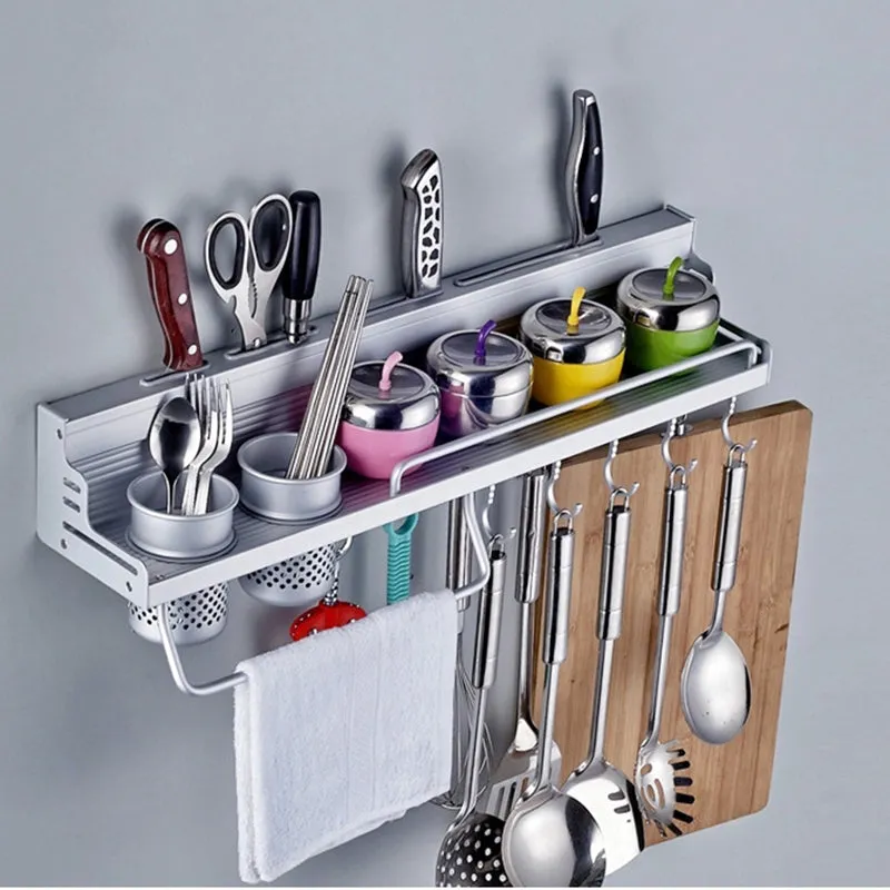 Space Saving Wall Mounted Rack Multifunctional Kitchen Bookshelf Storage Rack with Bottle Rack Silverware Caddy Cutlery