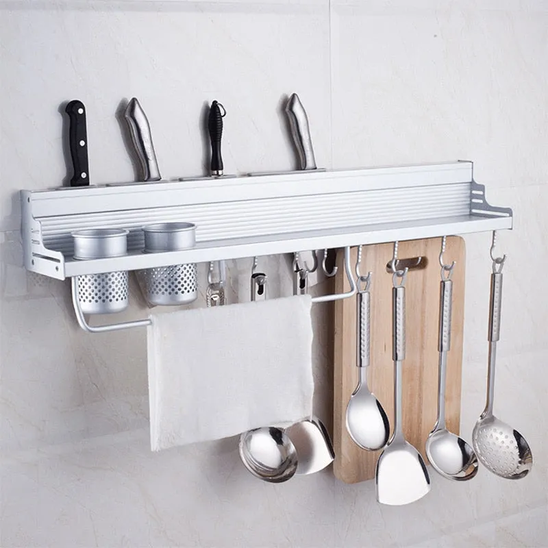 Space Saving Wall Mounted Rack Multifunctional Kitchen Bookshelf Storage Rack with Bottle Rack Silverware Caddy Cutlery