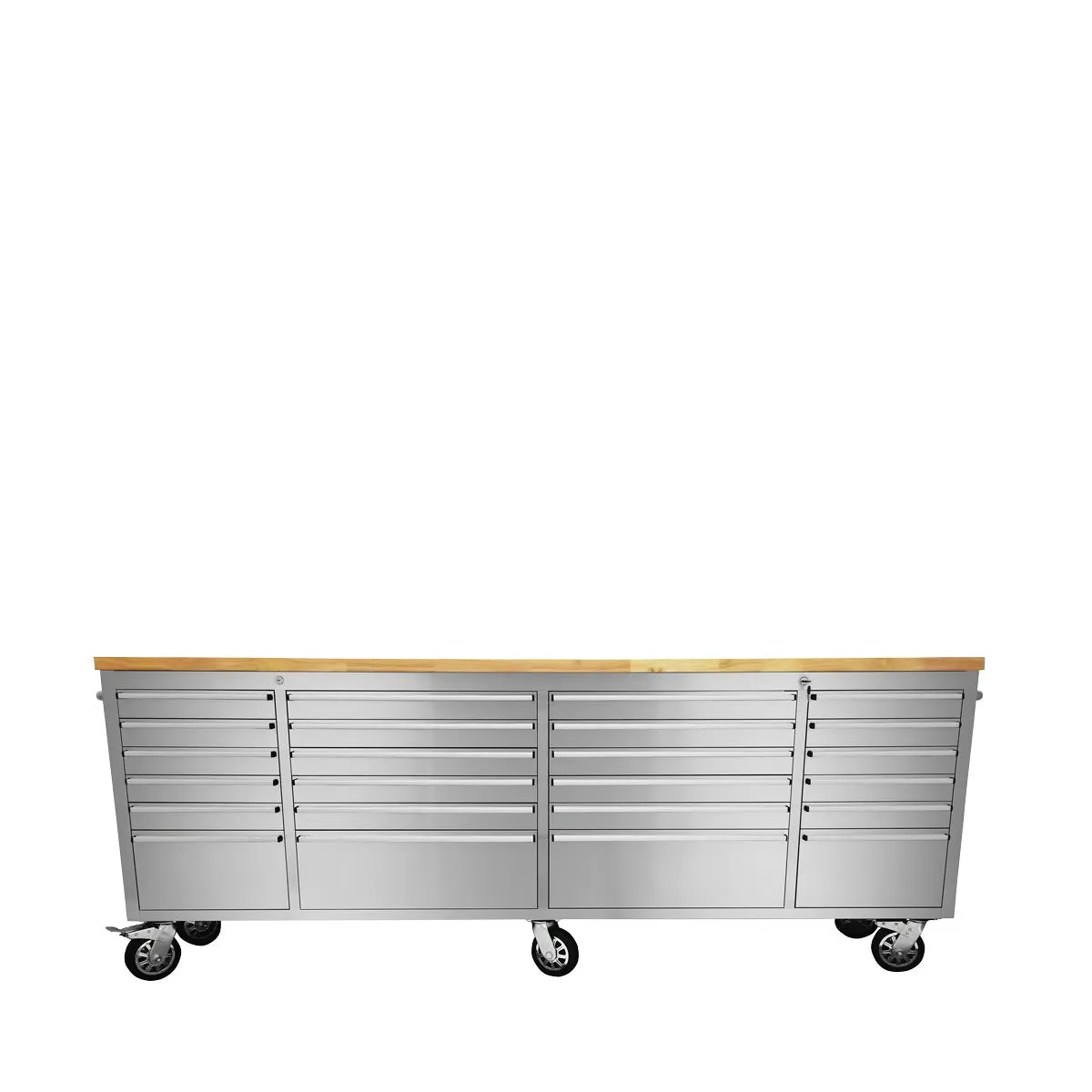 TMG Industrial 96” Stainless Steel Rolling Workbench, Rubberwood Tabletop, 24 Lockable Drawers, Locking Wheels, TMG-WB9624S