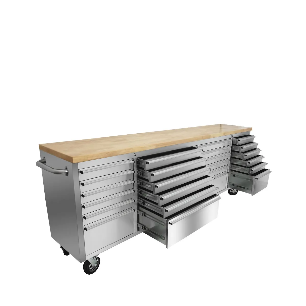 TMG Industrial 96” Stainless Steel Rolling Workbench, Rubberwood Tabletop, 24 Lockable Drawers, Locking Wheels, TMG-WB9624S