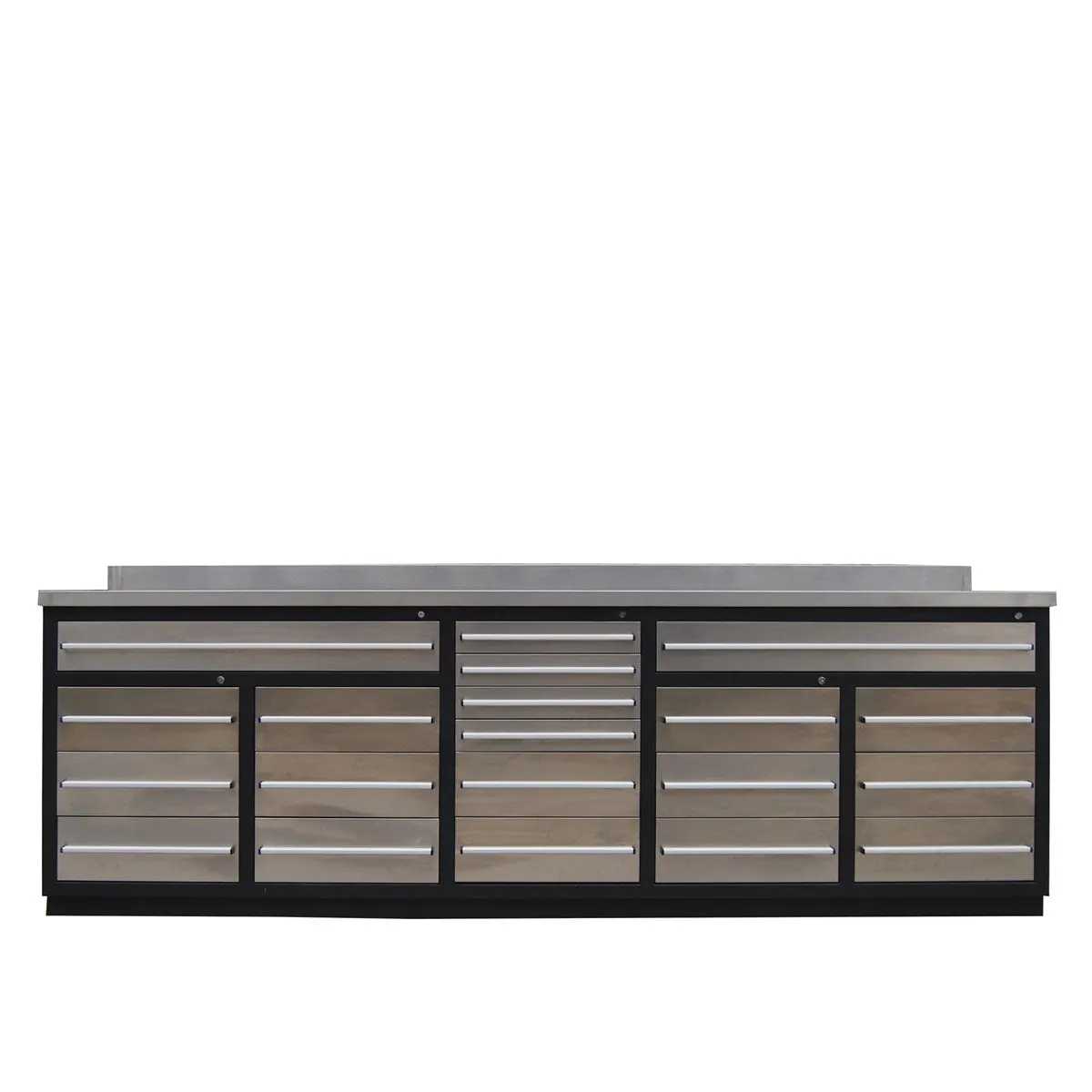 TMG Industrial Pro Series 10-FT 20 Drawer Workbench with Stainless Table Top and Drawer Fronts, Double Slide Lockable Drawers, All-in-One Welded Frame, TMG-WB21DS