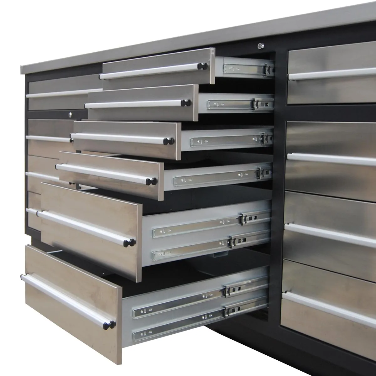 TMG Industrial Pro Series 10-FT 20 Drawer Workbench with Stainless Table Top and Drawer Fronts, Double Slide Lockable Drawers, All-in-One Welded Frame, TMG-WB21DS