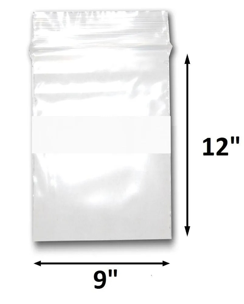 Various Sizes of Reclosable Plastic Zipper Bags 2 Mil, WHITE BLOCK CENTER. (100 Bags)