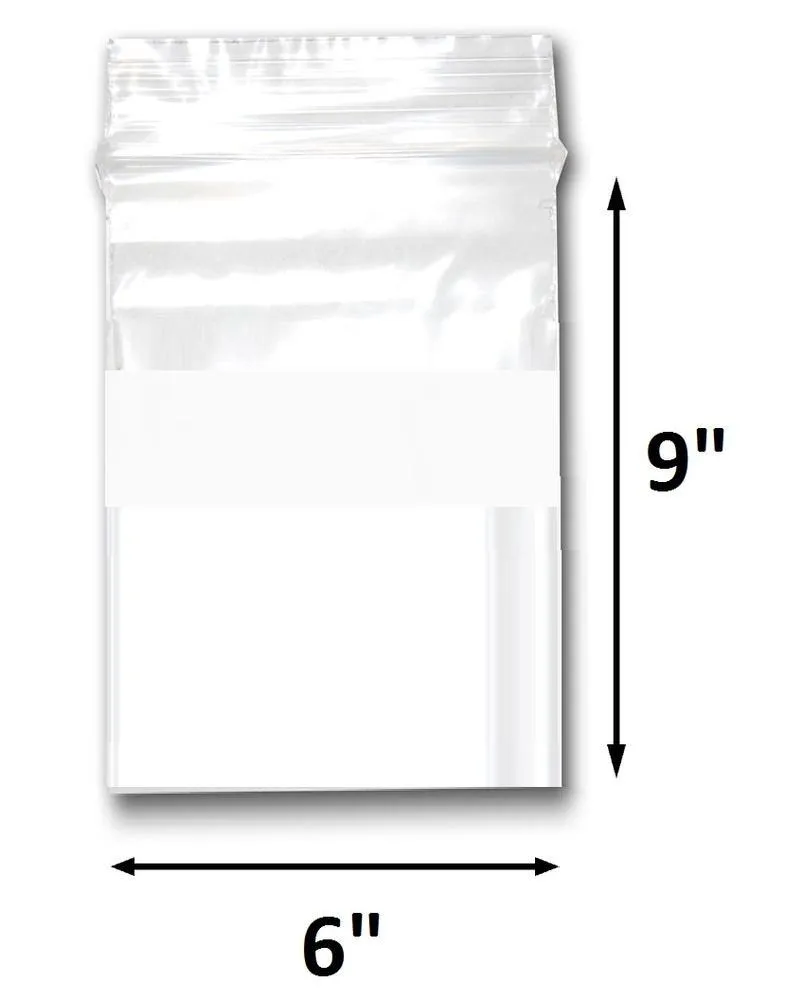 Various Sizes of Reclosable Plastic Zipper Bags 2 Mil, WHITE BLOCK CENTER. (100 Bags)