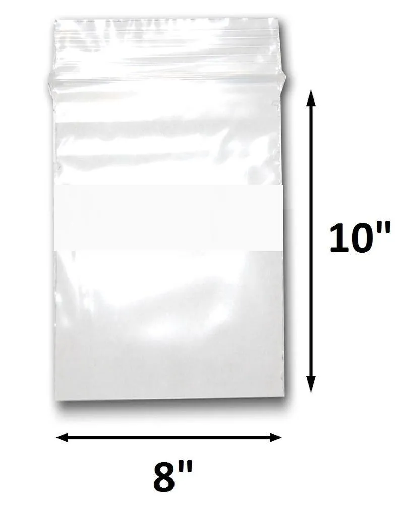 Various Sizes of Reclosable Plastic Zipper Bags 2 Mil, WHITE BLOCK CENTER. (100 Bags)