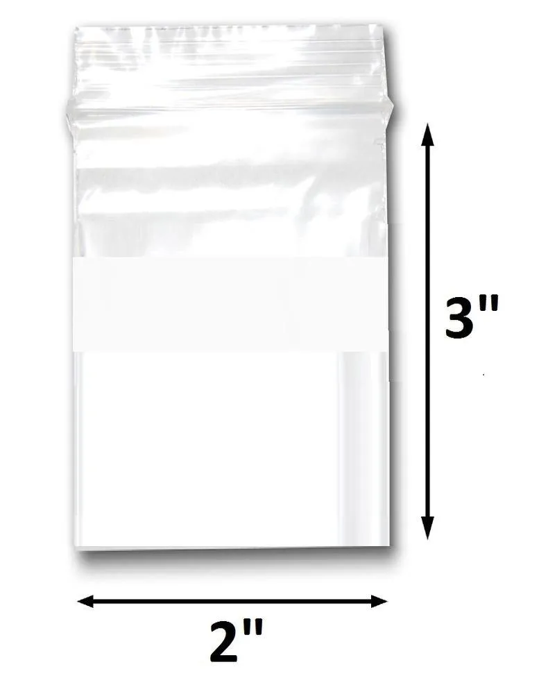 Various Sizes of Reclosable Plastic Zipper Bags 2 Mil, WHITE BLOCK CENTER. (100 Bags)