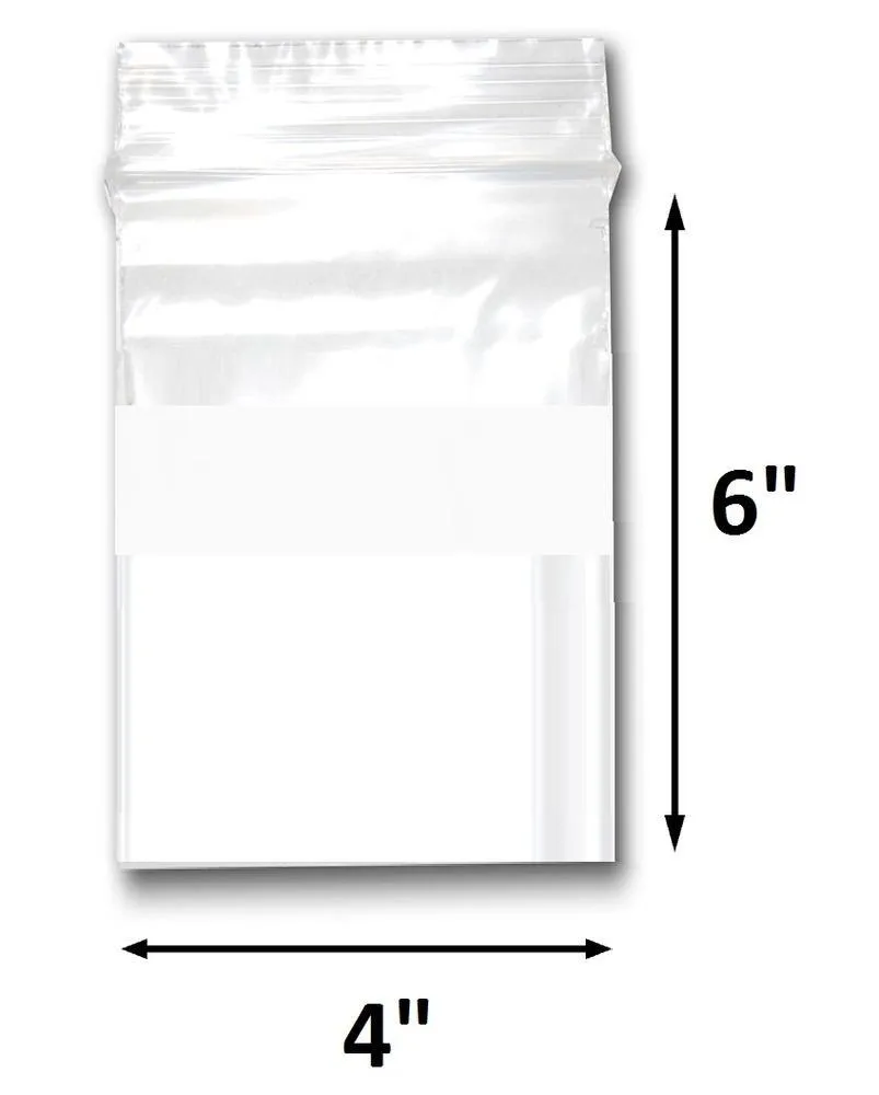 Various Sizes of Reclosable Plastic Zipper Bags 2 Mil, WHITE BLOCK CENTER. (100 Bags)