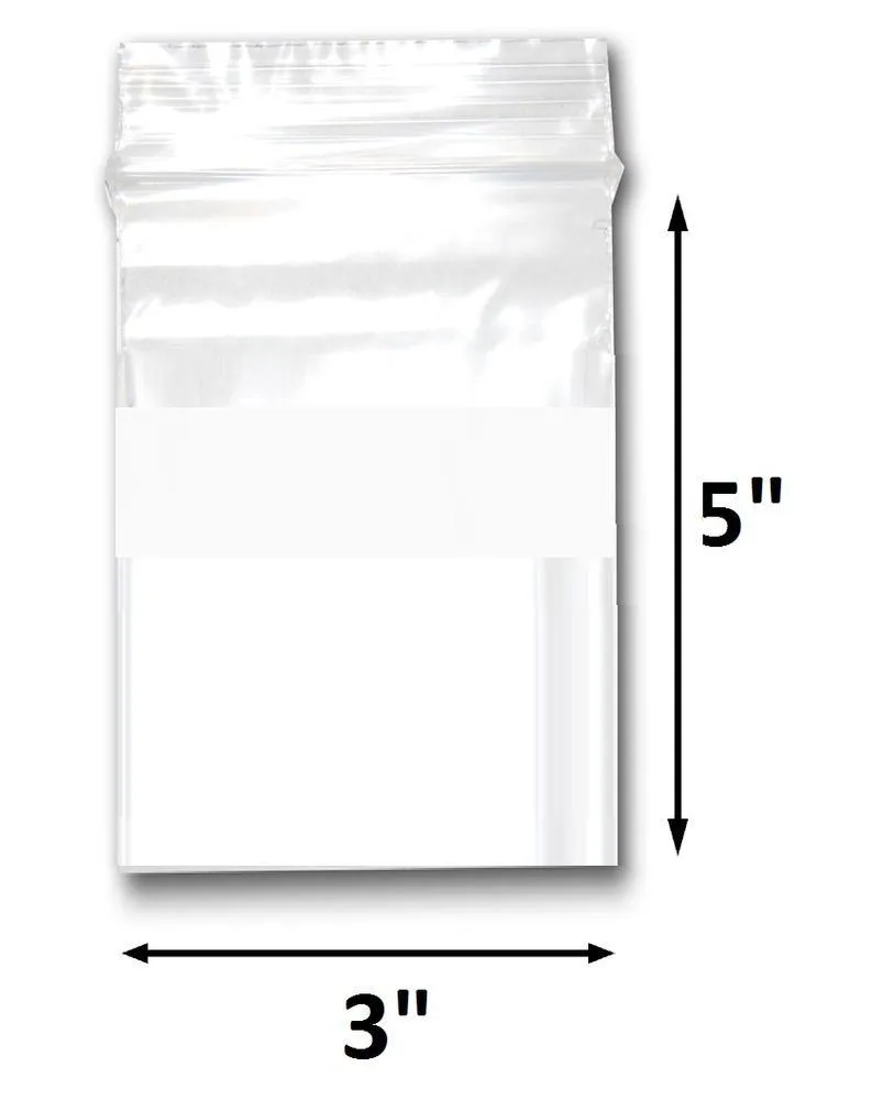 Various Sizes of Reclosable Plastic Zipper Bags 2 Mil, WHITE BLOCK CENTER. (100 Bags)