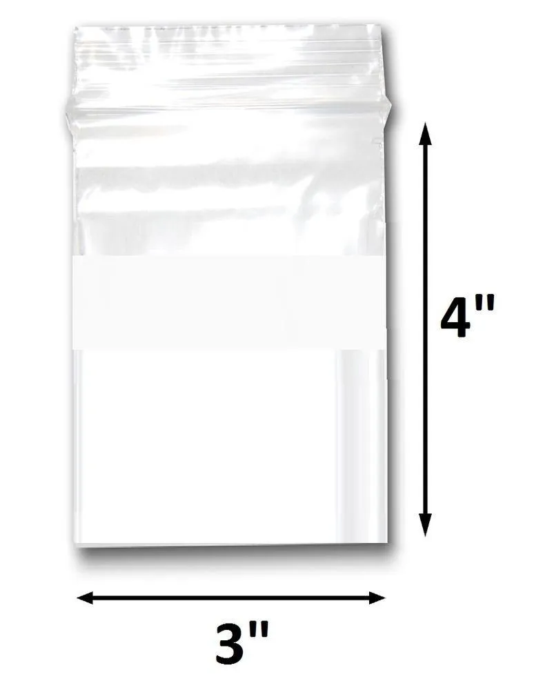 Various Sizes of Reclosable Plastic Zipper Bags 2 Mil, WHITE BLOCK CENTER. (100 Bags)