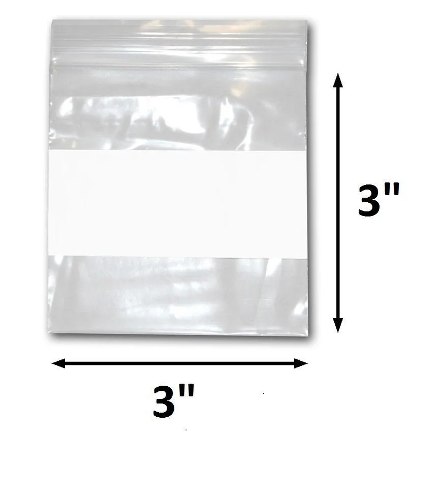 Various Sizes of Reclosable Plastic Zipper Bags 2 Mil, WHITE BLOCK CENTER. (100 Bags)