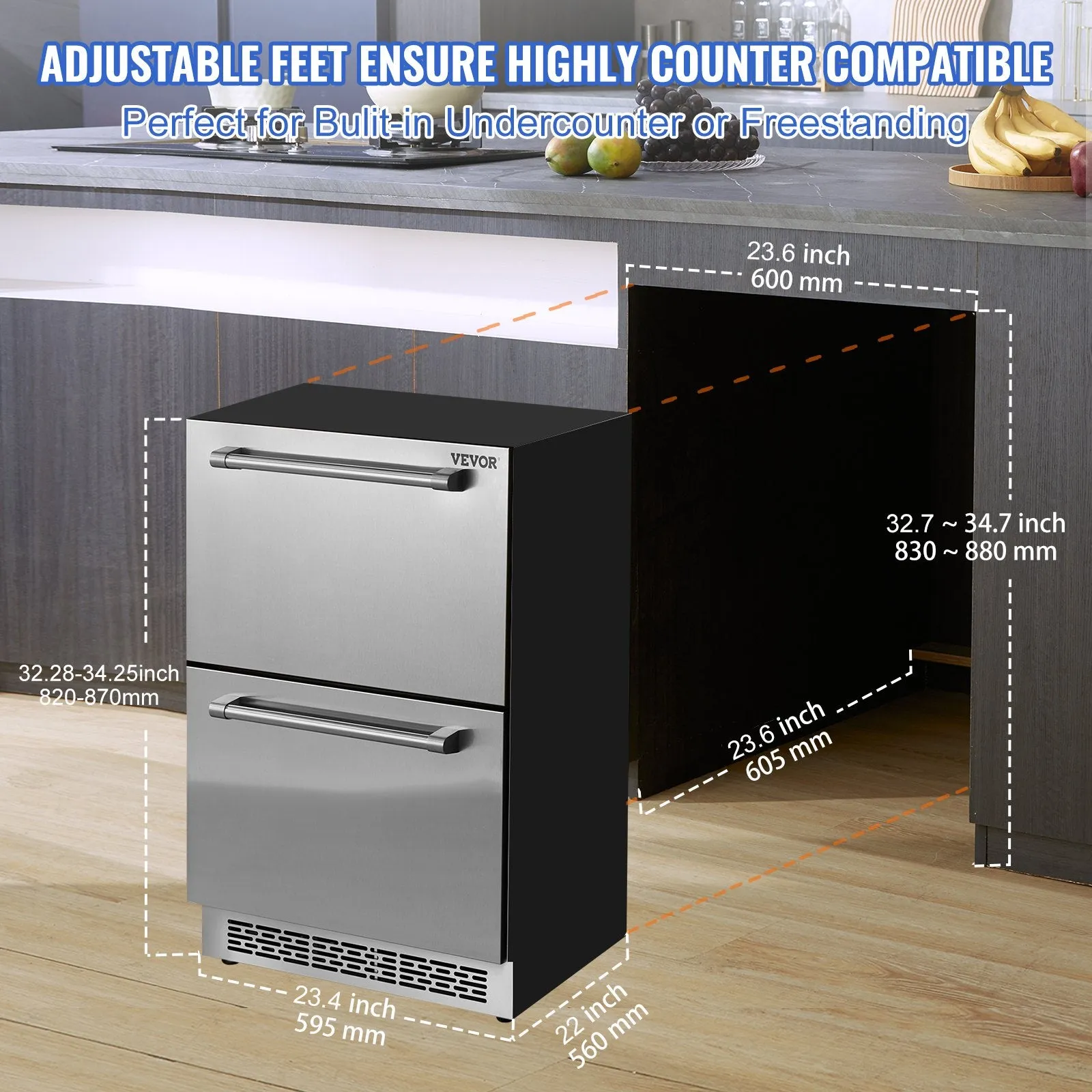Vevor 24 inch Undercounter Refrigerator Double Drawer with Different Temperatures 4.87 Cu.Ft. Capacity New