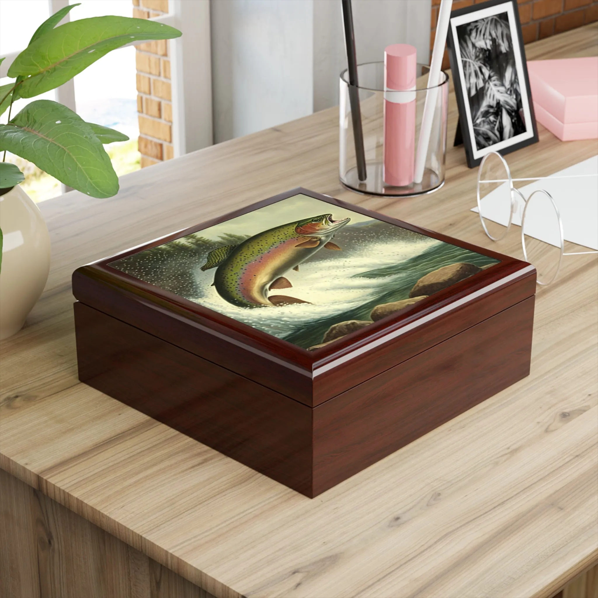 Vintage Antique Trout Wood Keepsake Jewelry Box with Ceramic Tile Cover
