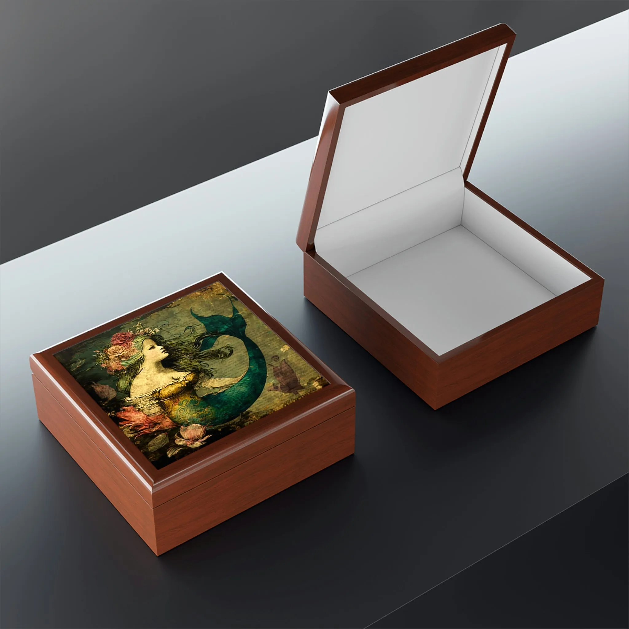 Vintage Mermaid Wood Keepsake Jewelry Box with Ceramic Tile Cover