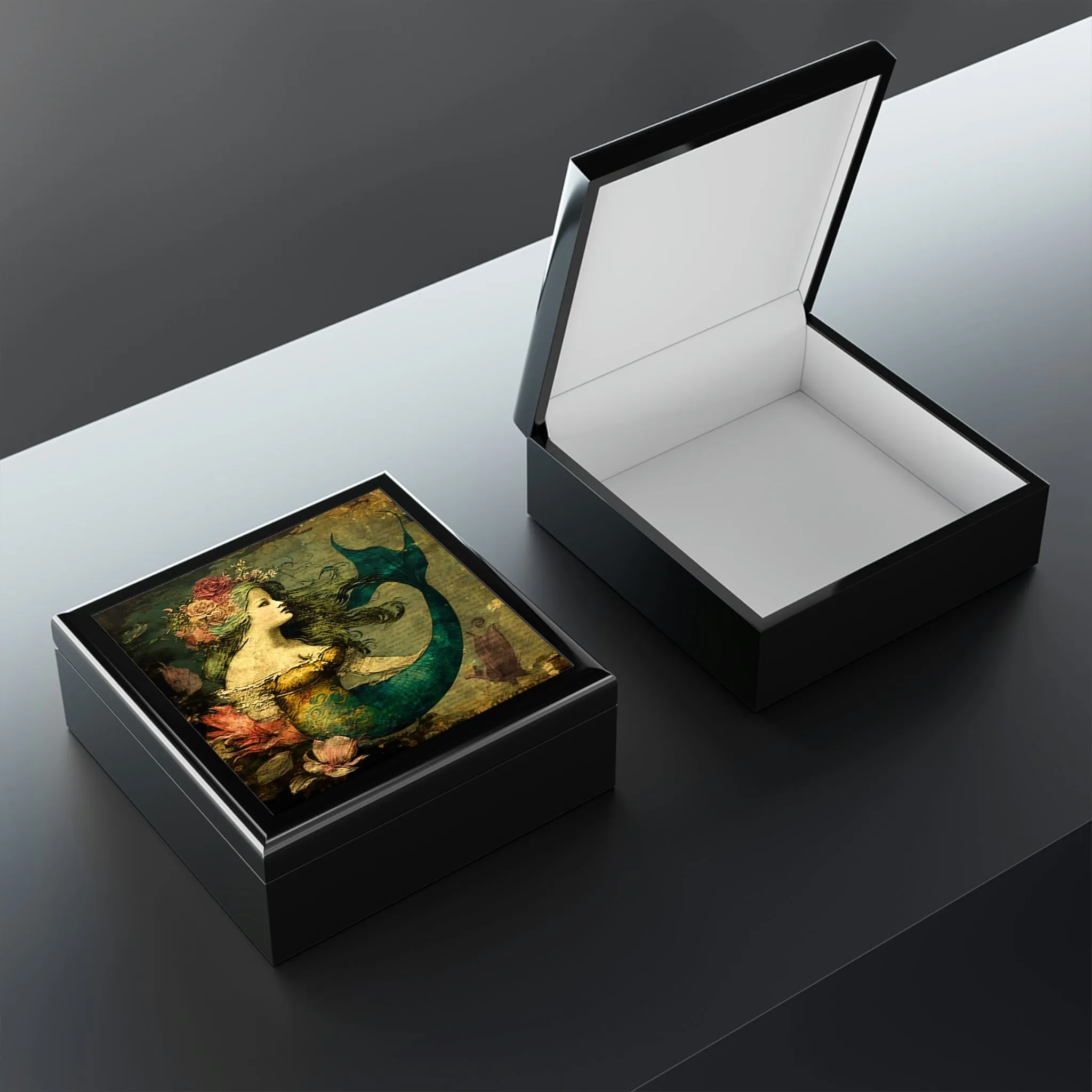 Vintage Mermaid Wood Keepsake Jewelry Box with Ceramic Tile Cover
