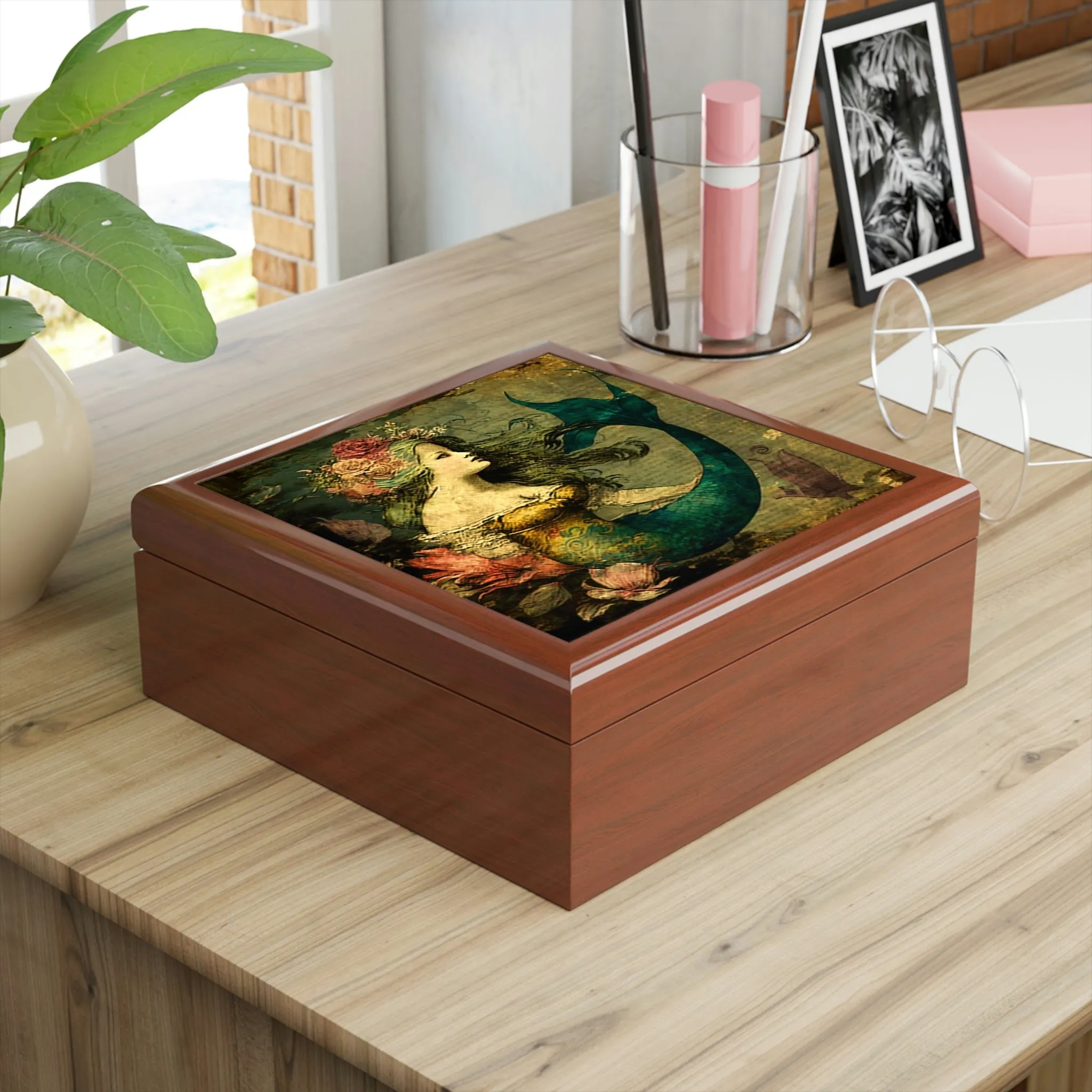 Vintage Mermaid Wood Keepsake Jewelry Box with Ceramic Tile Cover