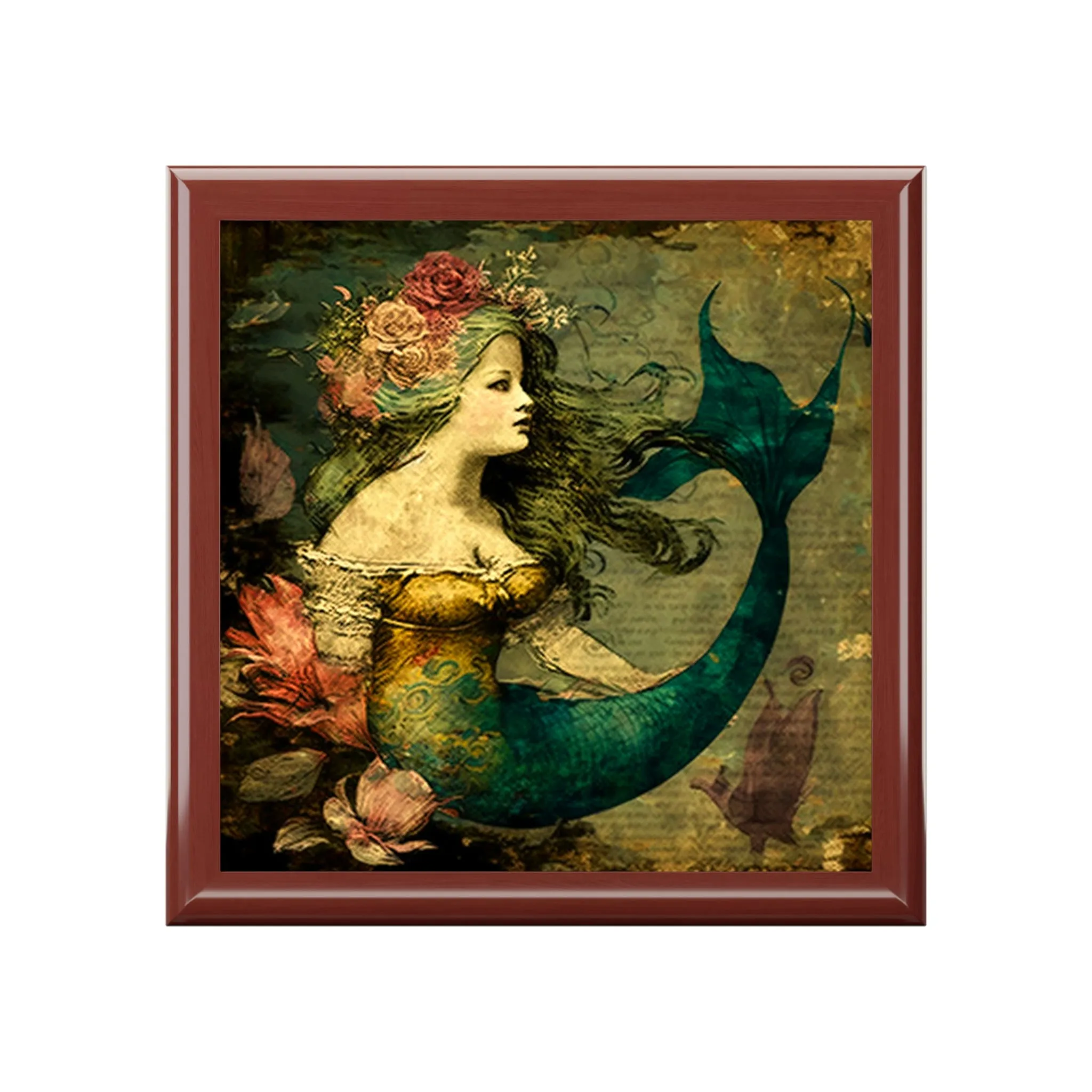 Vintage Mermaid Wood Keepsake Jewelry Box with Ceramic Tile Cover